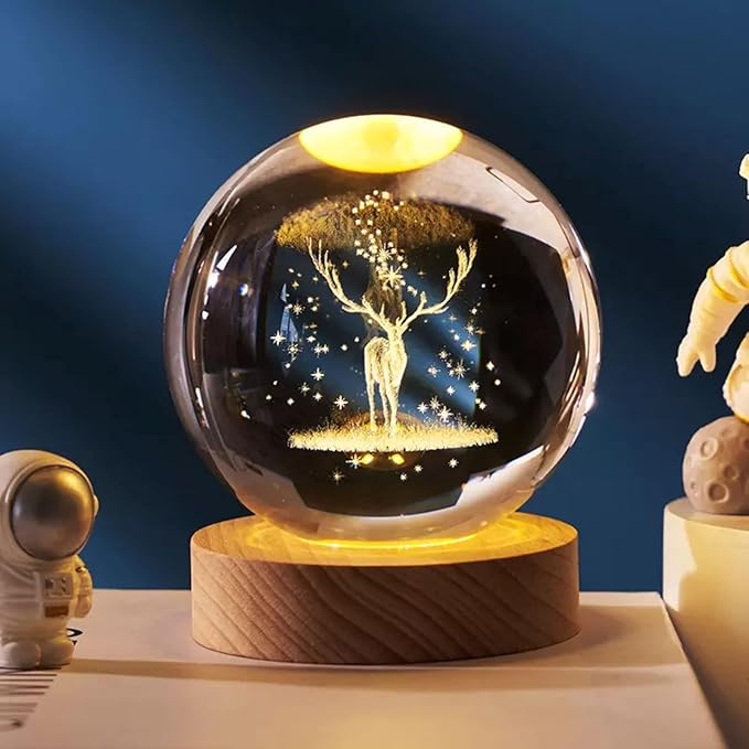 3D Engraved Deer Crystal Globe Lamp – USB LED Night Light with Wooden Base (6 cm)