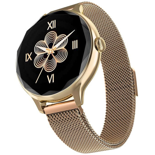 Elegant Diamond-Cut Smartwatch for Women – AMOLED Display | Gold Link Strap