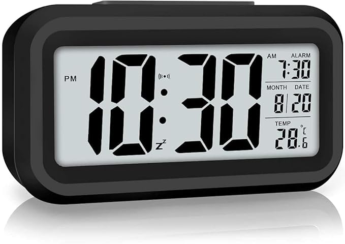 Digital Alarm Clock – Automatic Sensor, Date &amp; Temperature Display (Black)