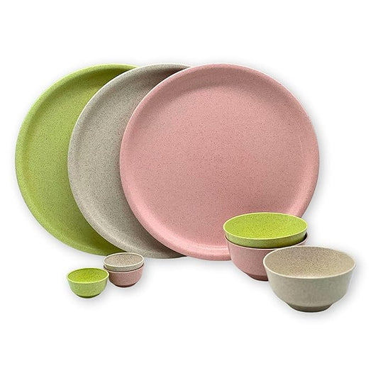 Solid Husk Eco-Friendly Dinner Plates | 10-inch | Set of 3 Plates + 3 Bowls (200ml) + 3 Sauce Bowls | Rice Husk &amp; Bamboo Fibre