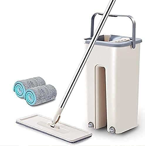 Heavy Quality Floor Mop with Bucket – 360° Flexible Flat Squeeze Mop with 2 Reusable Pads (White)