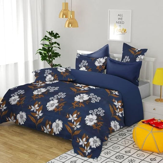 120 TC Double Bedsheet Set – Abstract Floral Design (Dark Blue, Beige &amp; Brown, 86 x 88 Inch)