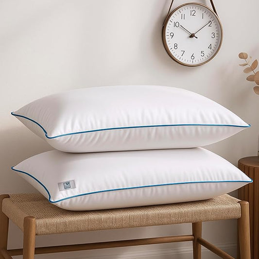 Basic White Pillow Set – Pack of 2 (41 x 61 cm) with Blue Border &amp; Plush Microfibre Filling