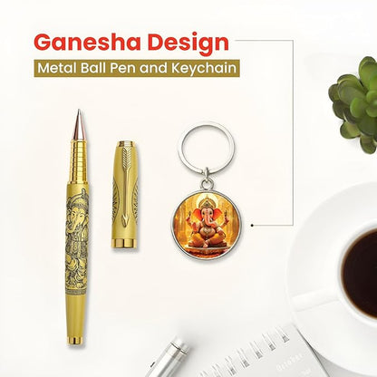 Premium Ganesha Pen and Keychain Set – Golden Metal with Traditional Engraving