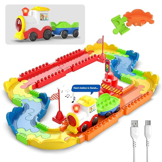 Block Rider Toy Train Set – 47 Pcs, USB Rechargeable, Multiple Track Layouts