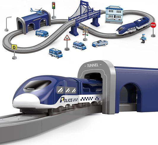 DIY Train &amp; Car Track Set – 66 Pcs, Battery-Powered, Police Rescue Theme (Blue)
