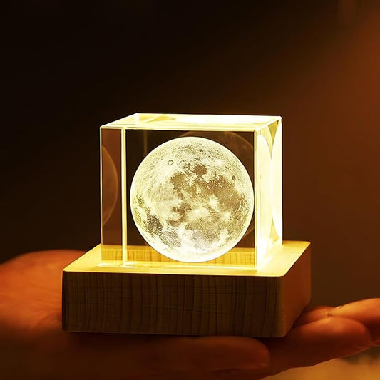 3D Crystal Moon Lamp – USB LED Light with Wooden Base (Warm White)