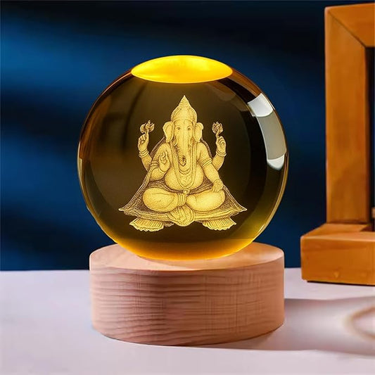 3D Crystal Ball Night Lamp – Engraved Ganesh Ji LED Light (USB-Powered, Wooden Base)